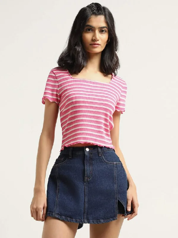 Nuon Pink Striped Cotton Blend T-Shirt Striped Floral Plaid