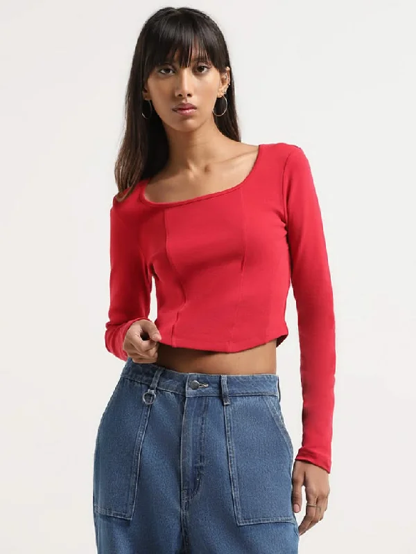 Nuon Red Self-Patterned Crop T-Shirt Terry Blend Velvet Blend Canvas Blend
