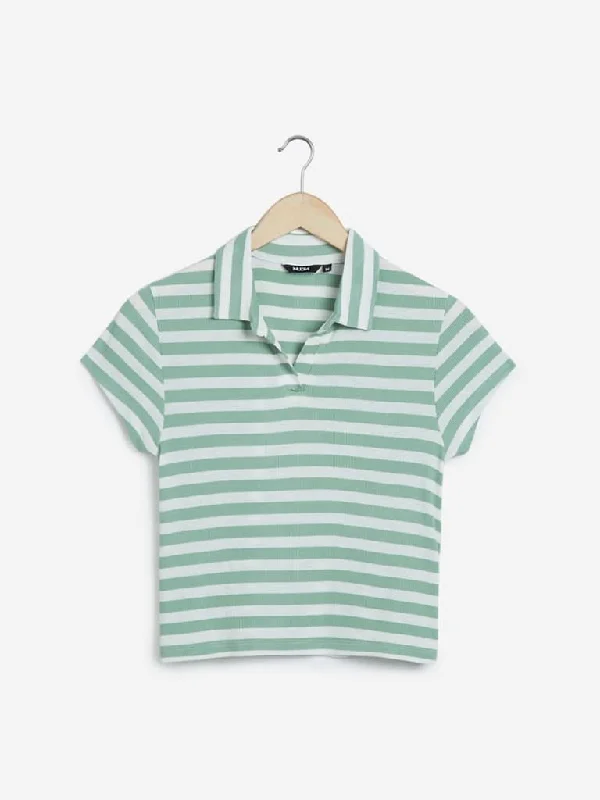 Nuon Sage Green Striped Cropped Polo T-Shirt Front Pockets Side Pockets Patch Pockets