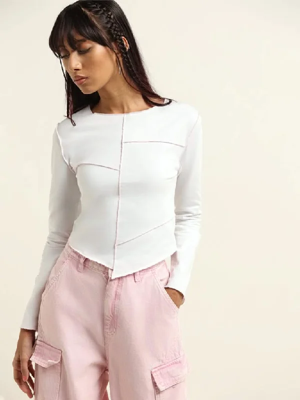 Nuon White Cotton Asymmetric T-Shirt Lace Blend Ribbed Blend Corduroy Blend