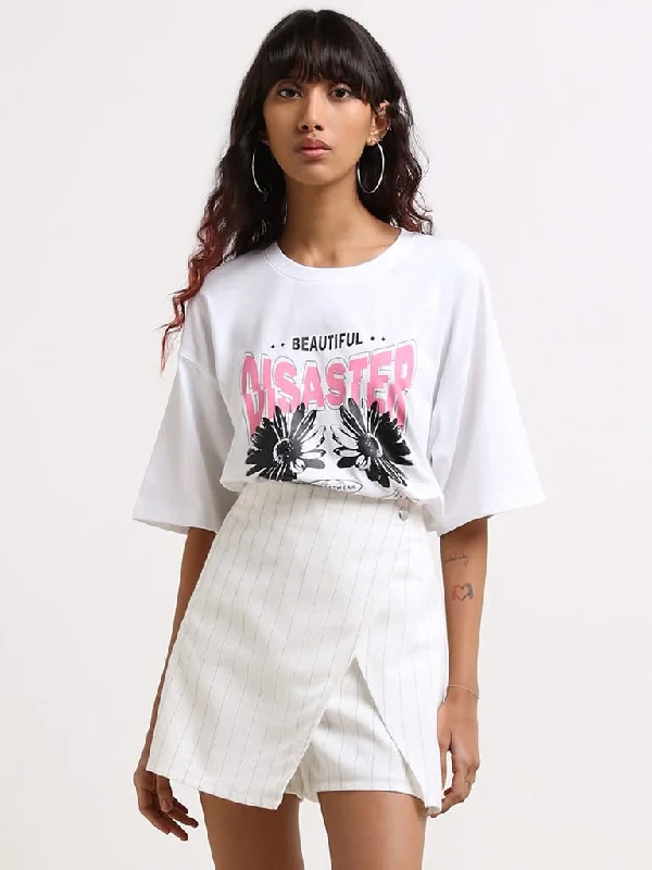 Nuon White Cotton Over-Sized T-Shirt Chenille Brocade Lace