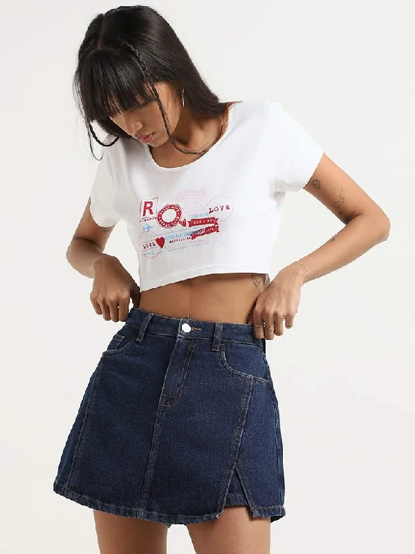 Nuon White Printed Cotton Crop T-Shirt Anti-Shrink Durable Soft
