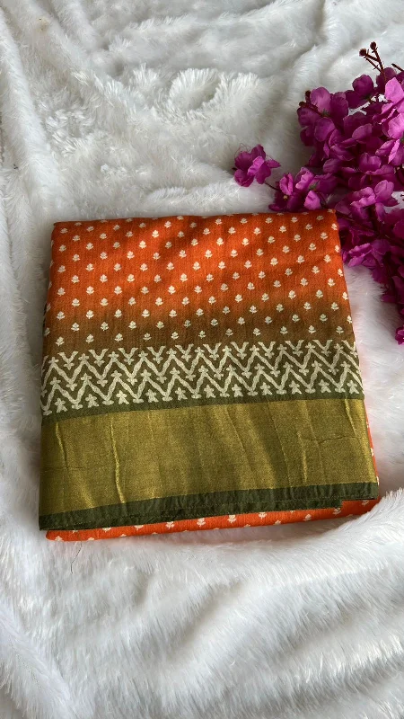 Orange and green cotton silk saree with blouse Sheer Sleeve Blouse