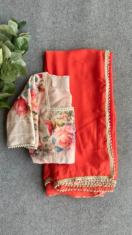 Orange chiffon saree with chanderi cotton blouse Oversized Silk Blouse