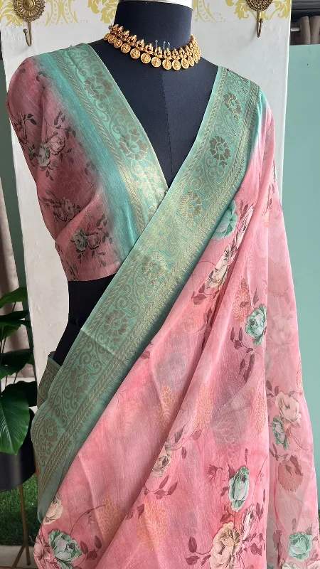 Peach & blue soft organza saree with blouse Pleated Collar Blouse