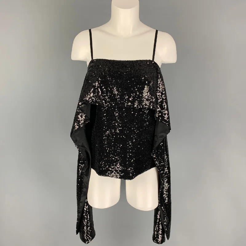 PRABAL GURUNG Size 0 Black Polyester Sequined Draped Dress Top
