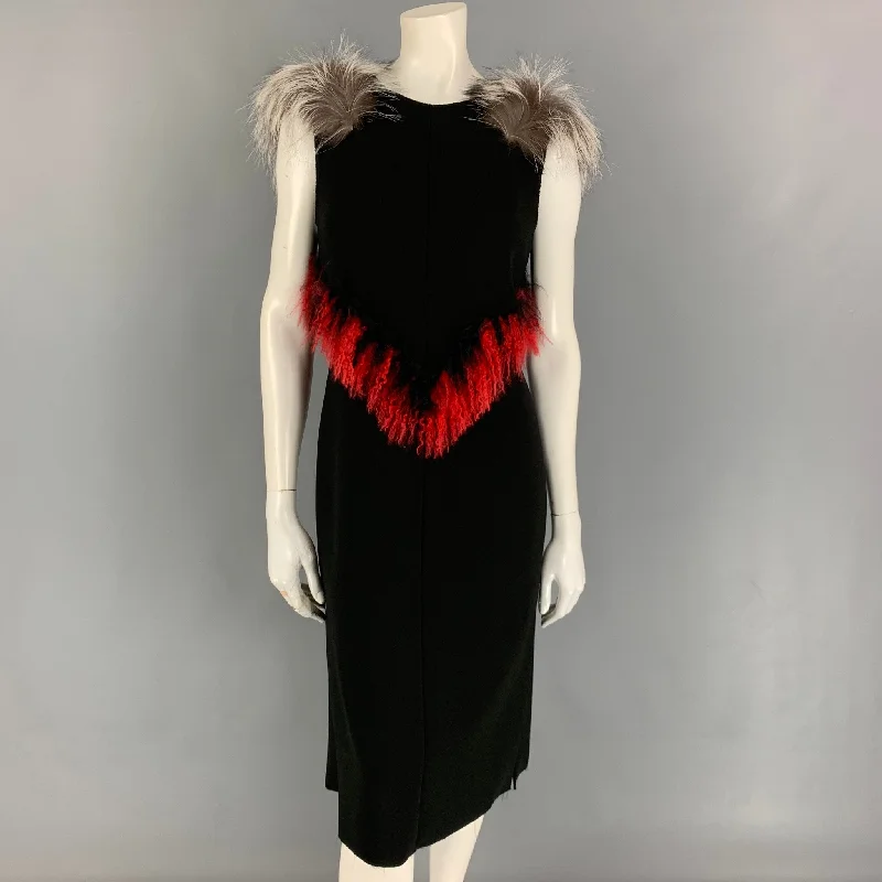 PROENZA SCHOULER Size 8 Black Polyester Lamb Fur Trim Sheath Red Cocktail Dress