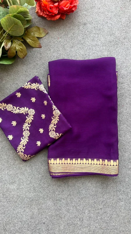 Purple chiffon saree with banarasi blouse (Kiara) Gathered Detail Blouse