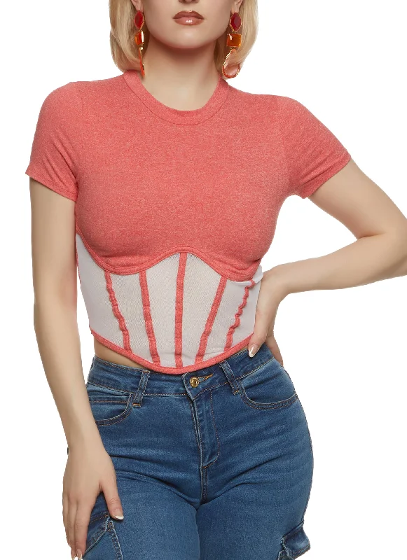 Mesh Bustier Cropped Tee Beaded Sequined Faux Fur