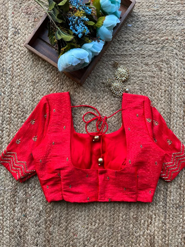 Red silk hand work embroidery blouse Feminine Tie Blouse