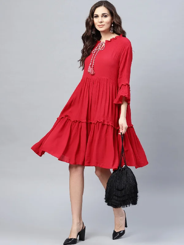 Women'S Red Solid Tiered A-Line Dress