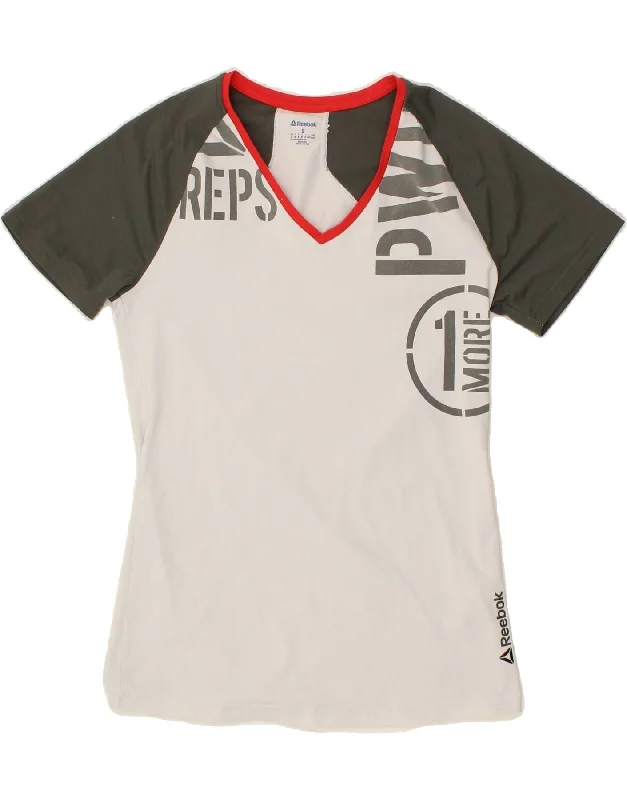 REEBOK Womens Graphic T-Shirt Top UK 10 Small White Colourblock Polyester Denim Fabric Leather Fabric Suede Fabric