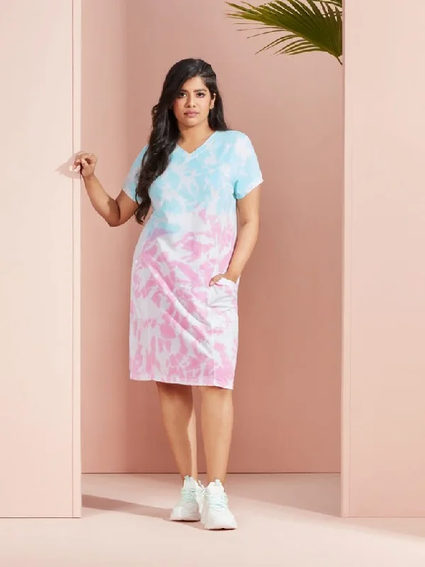 Sassy Soda Curves Pink Tie-Dye T-Shirt Dress Graphic Embroidered Appliqued