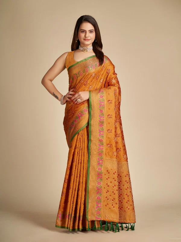 Women Party Wear Pure Patola Silk Saree with Un-Stitched Blouse Feminine Ruffle Blouse