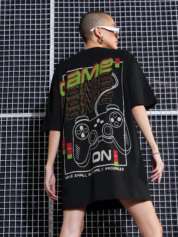 Women Black GAME ON Printed Oversized T-Shirt Dress Collared Crew Neck Turtle Neck