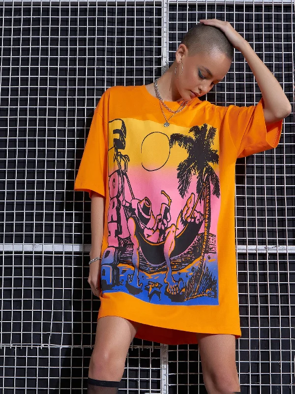 Women Orange FLORIDA Printed Oversized T-Shirt Dress Print Jacquard Patchwork