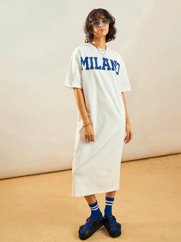 Women White Milano Printed T-Shirt Dress Print Jacquard Patchwork