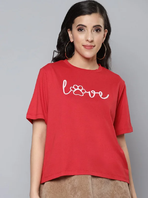 Women Red Love Embroidery Regular T-Shirt Ribbed Striped Patterned