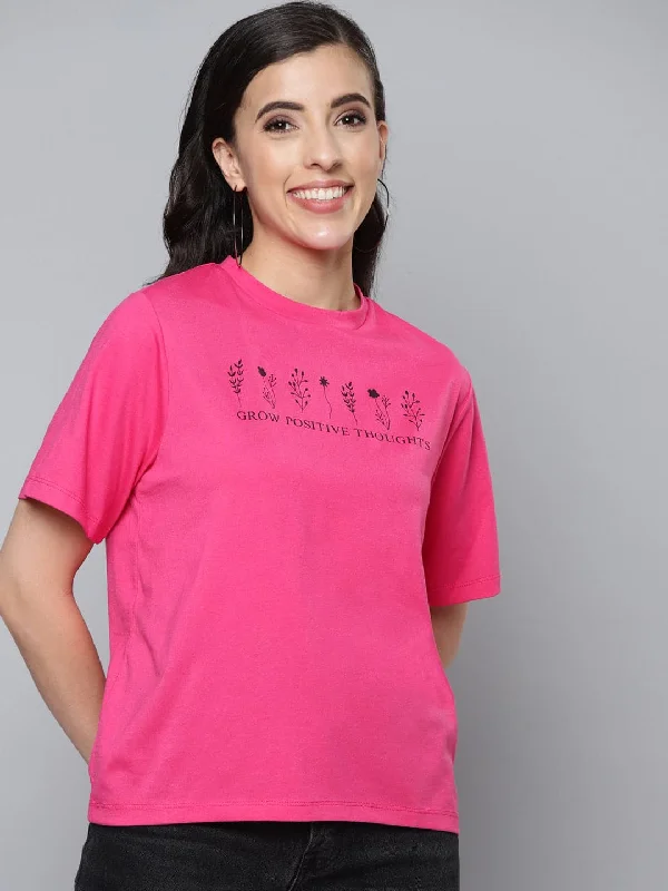 Women Fuchsia Typography Regular T-Shirt Chenille Fabric Brocade Fabric Lace Fabric