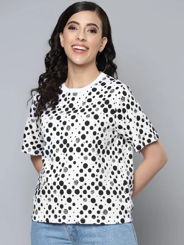 Women Black Polka Dot Regular T-Shirt Fleece Fabric Down Fabric Feather Fabric