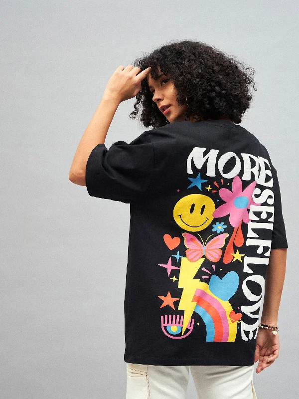 Women Black More Self Love Oversized T-shirt Houndstooth Herringbone Solid