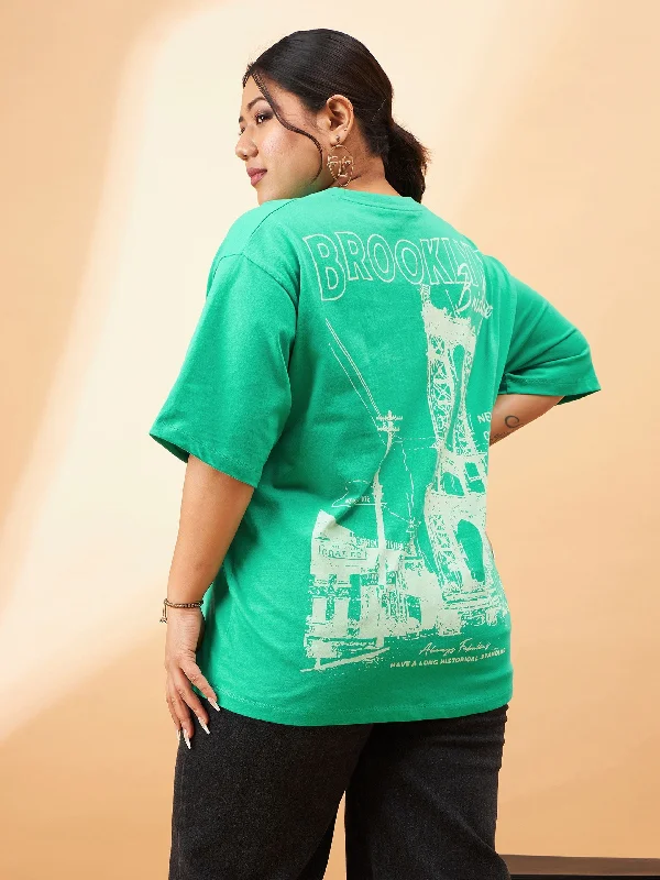 Women Green Graphic Brooklyn Print T-Shirt Hooded Caped Shawl Collar