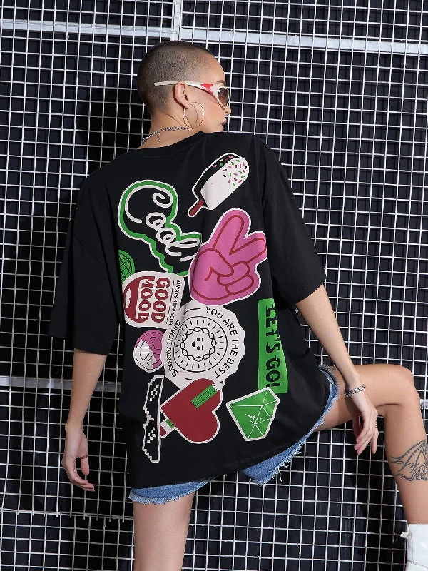 Women Black Cool Printed Oversized T-Shirt Houndstooth Herringbone Solid