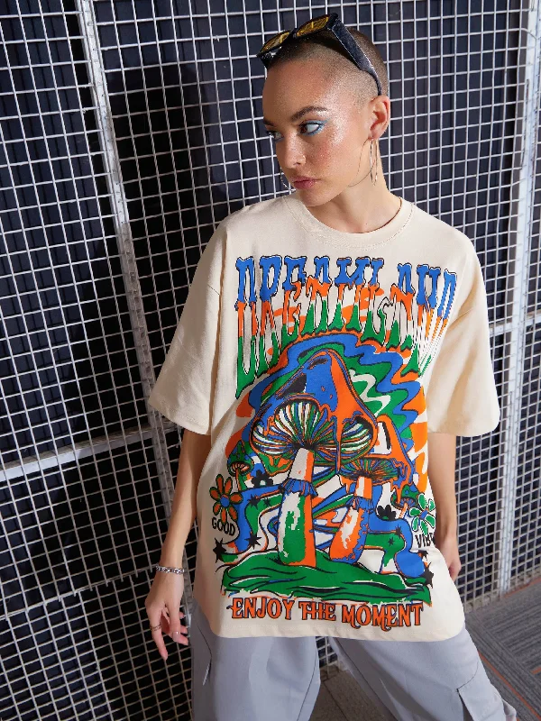 Women Beige Dreamland Printed Oversized T-Shirt Terry Blend Velvet Blend Canvas Blend