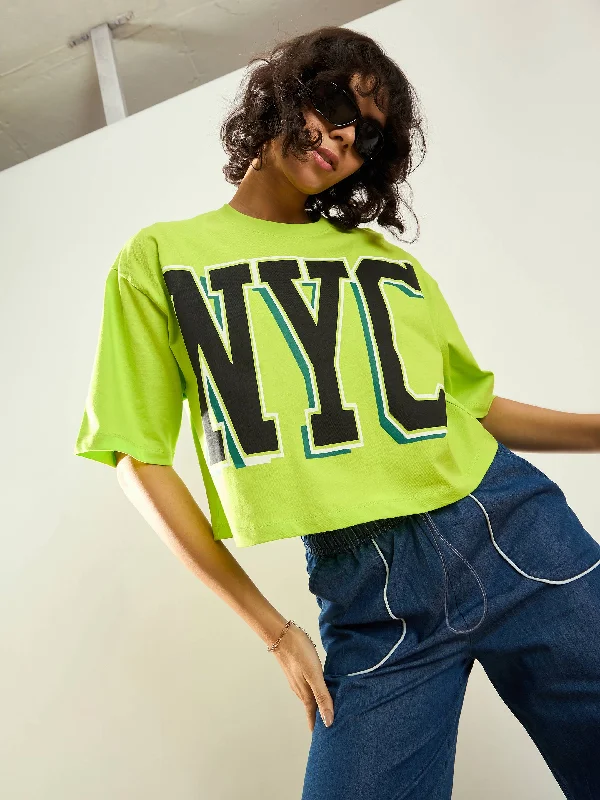 Women Neon Green NYC Printed Crop T-shirt Modern Contemporary Chic