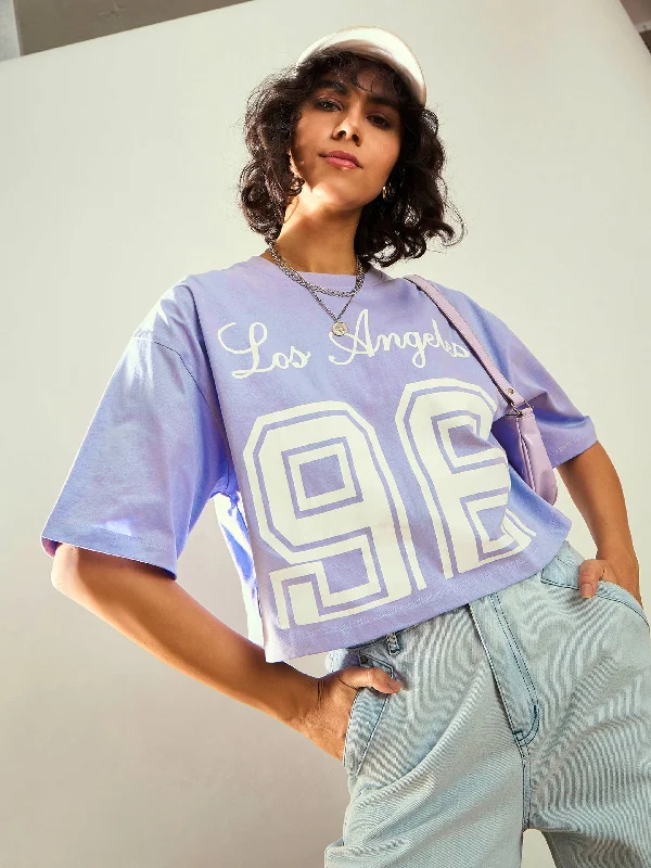 Women Lavender LOS ANGELES Printed Crop T-shirt Elasticated Padded Insulated
