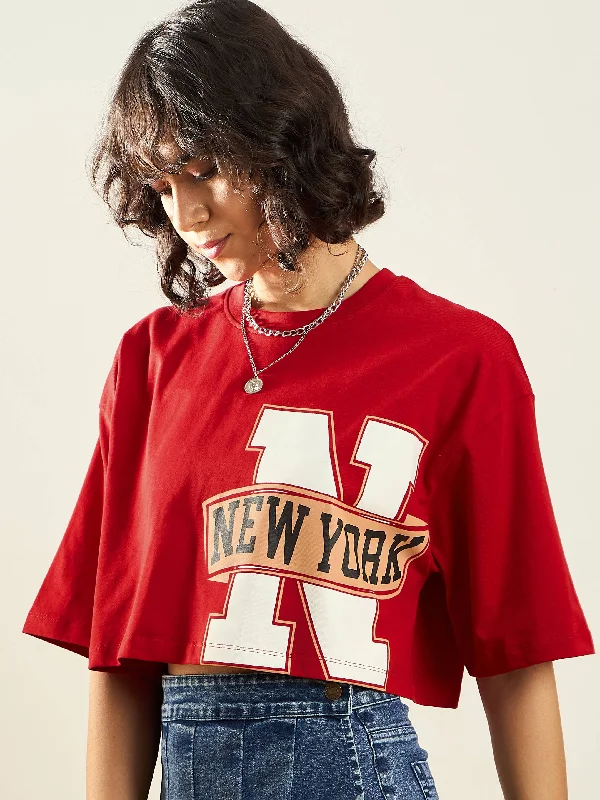 Women Red NEW YORK Printed Crop T-shirt Handmade Hand-knitted Hand-woven