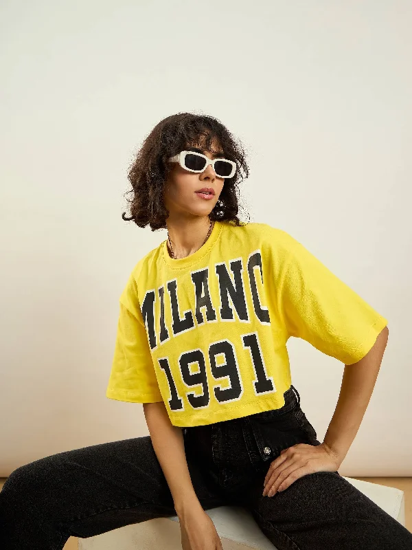 Women Yellow MILANO 1991 Printed Crop T-shirt Anti-Shrink Durable Soft