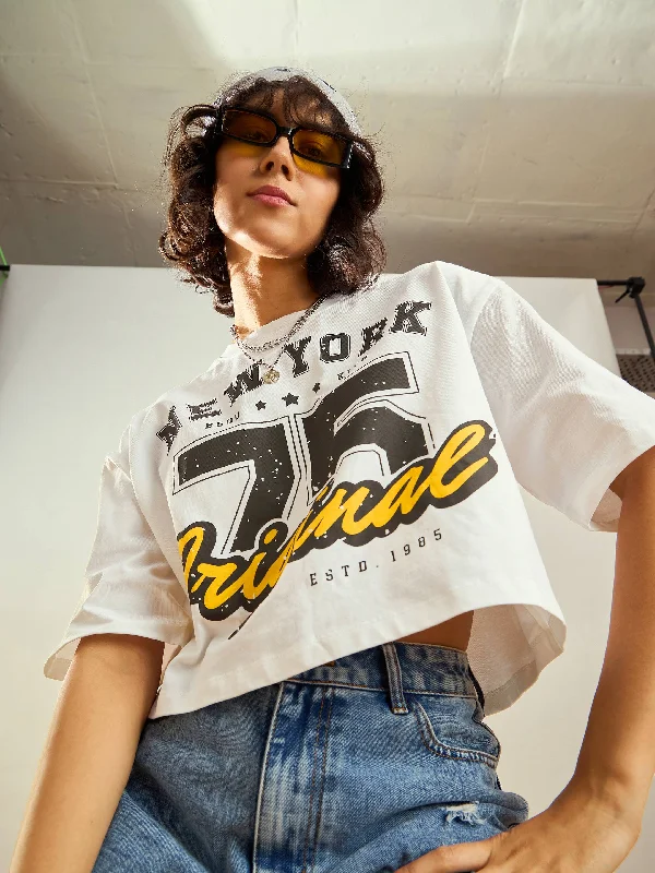 Women White ORIGINAL Printed Crop T-shirt Terry Blend Velvet Blend Canvas Blend