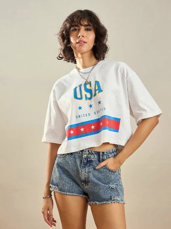 Women White USA Printed Crop T-shirt Notch Collar Peter Pan Collar Cowl Neck