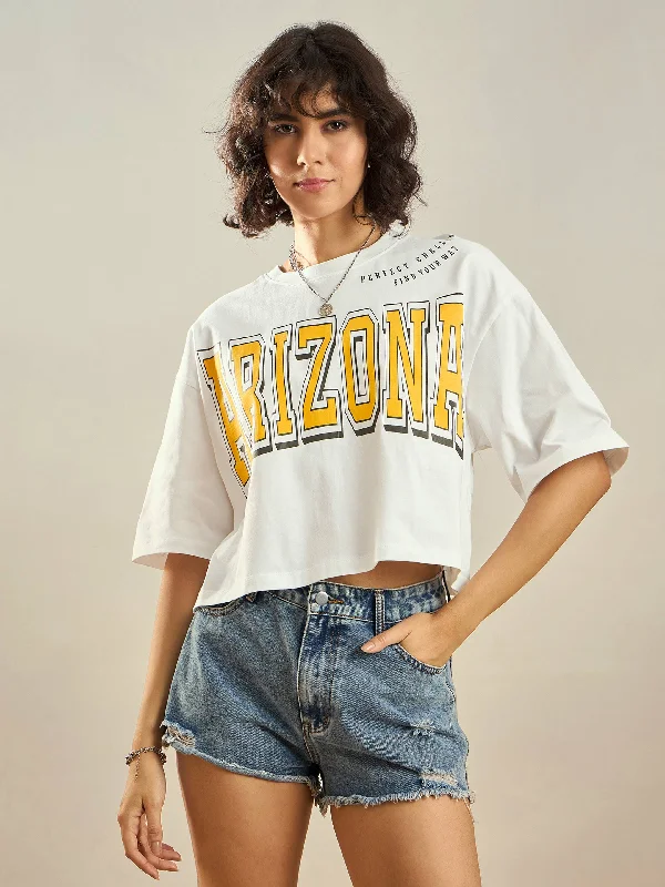 Women White ARIZONA Printed Crop T-shirt Denim Fabric Leather Fabric Suede Fabric