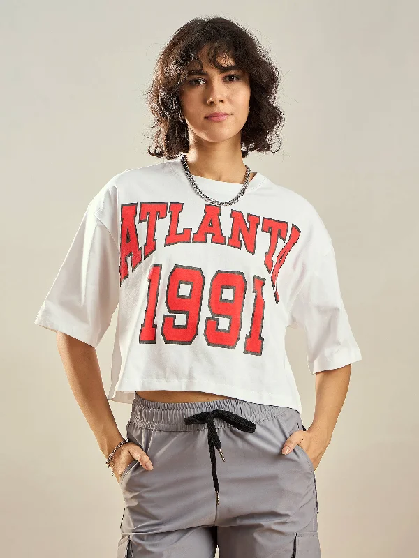 Women White ATLANTA Printed Crop T-shirt Satin Fabric Silk Fabric Chiffon Fabric