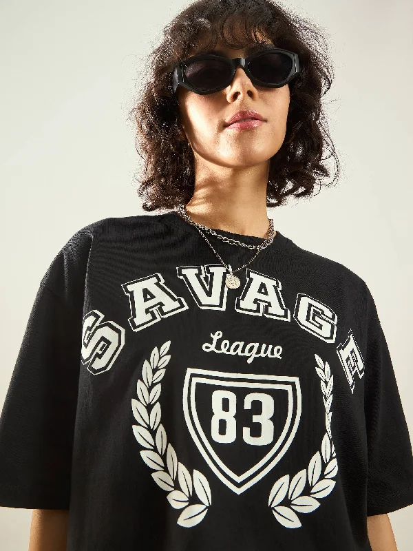 Women Black SAVAGE Printed Crop T-shirt Chenille Fabric Brocade Fabric Lace Fabric
