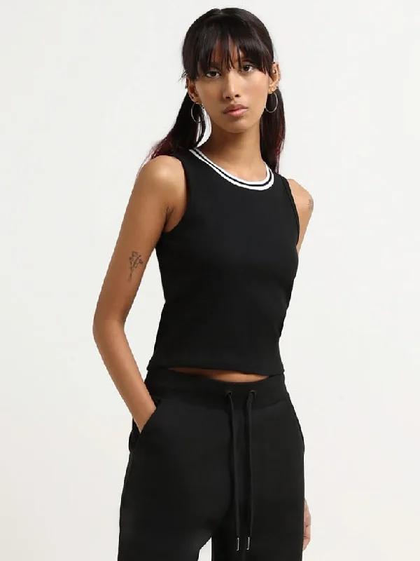 Studiofit Black Cotton Blend Ribbed T-Shirt Polka Dot Checkered Tartan