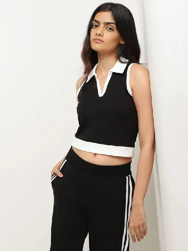 Studiofit Black Cotton Crop Collar T-Shirt Ribbed T-Shirt High Neck Heavyweight