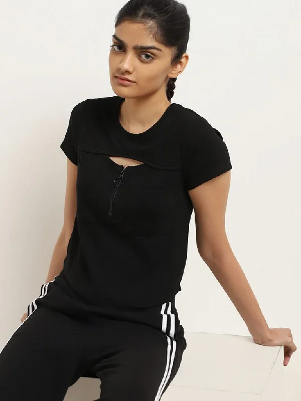 Studiofit Black Cotton Ribbed T-Shirt Mesh Blend Leather Blend Suede Blend