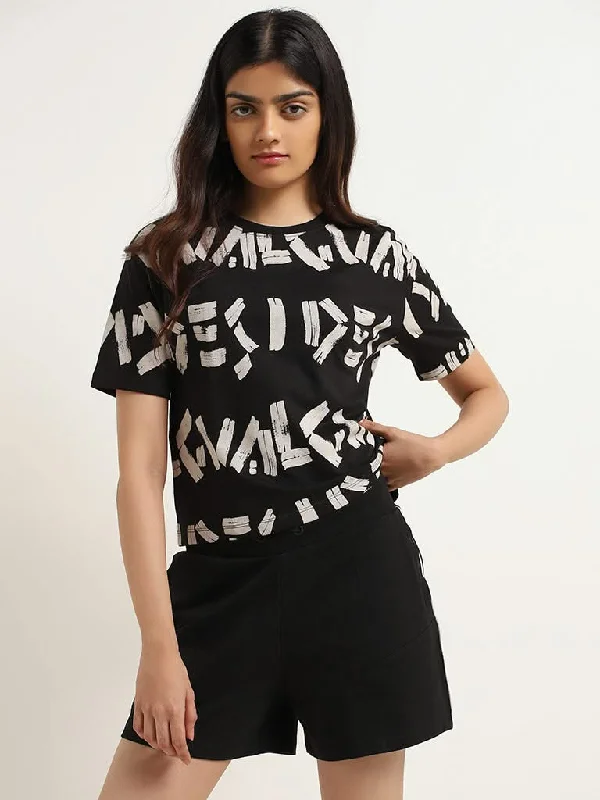 Studiofit Black Crop Printed Cotton T-Shirt Rayon Velvet Corduroy