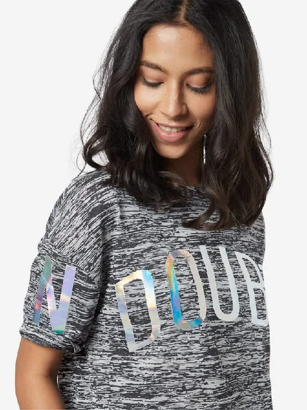 Studiofit Black Holographic Text Pattern T-Shirt Notch Collar Peter Pan Collar Cowl Neck