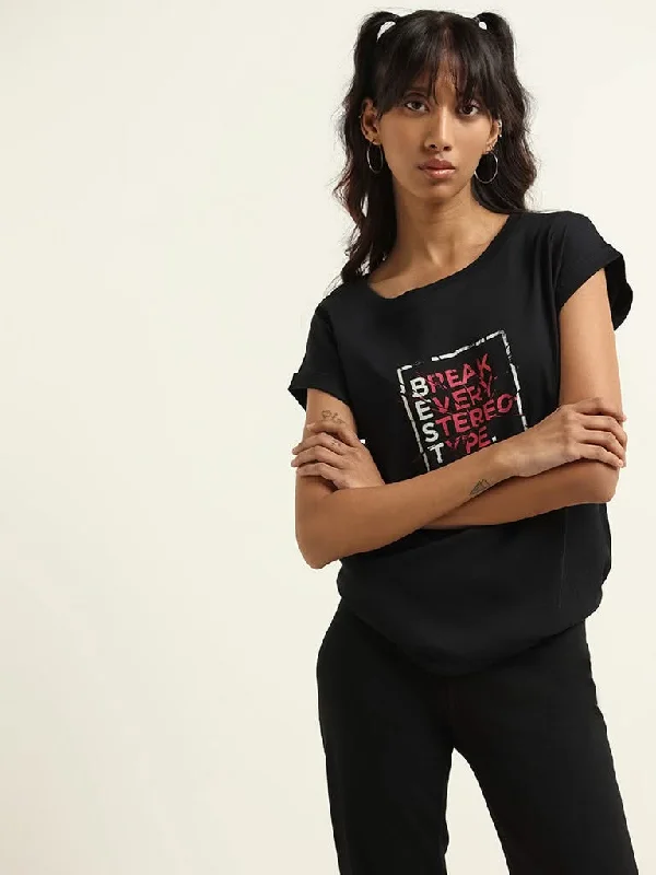 Studiofit Black Printed Cotton T-Shirt Ribbed T-Shirt High Neck Heavyweight
