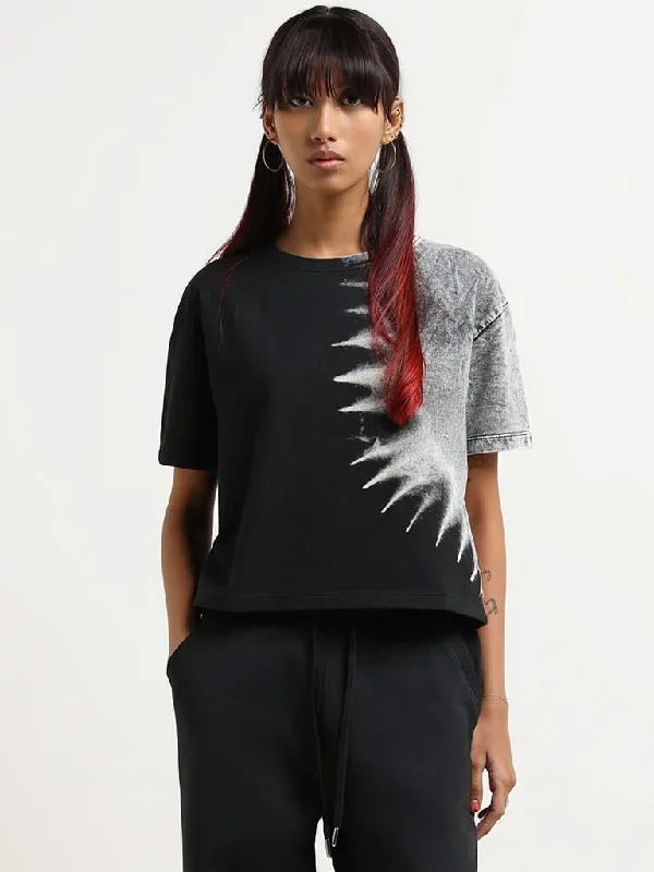 Studiofit Black Printed Cotton T-Shirt Collared Crew Neck Turtle Neck
