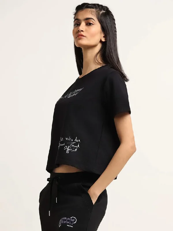 Studiofit Black Printed Loose Fit T-Shirt Terry Blend Velvet Blend Canvas Blend