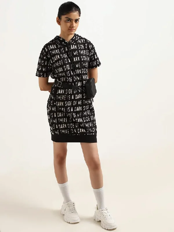 Studiofit Black Straight Cotton Hooded T-Shirt Dress Notch Collar Peter Pan Collar Cowl Neck