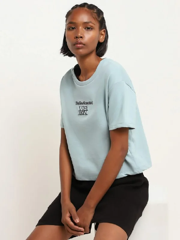 Studiofit Blue Contrast Embroidered Cotton T-Shirt Seamless Knitted Crochet