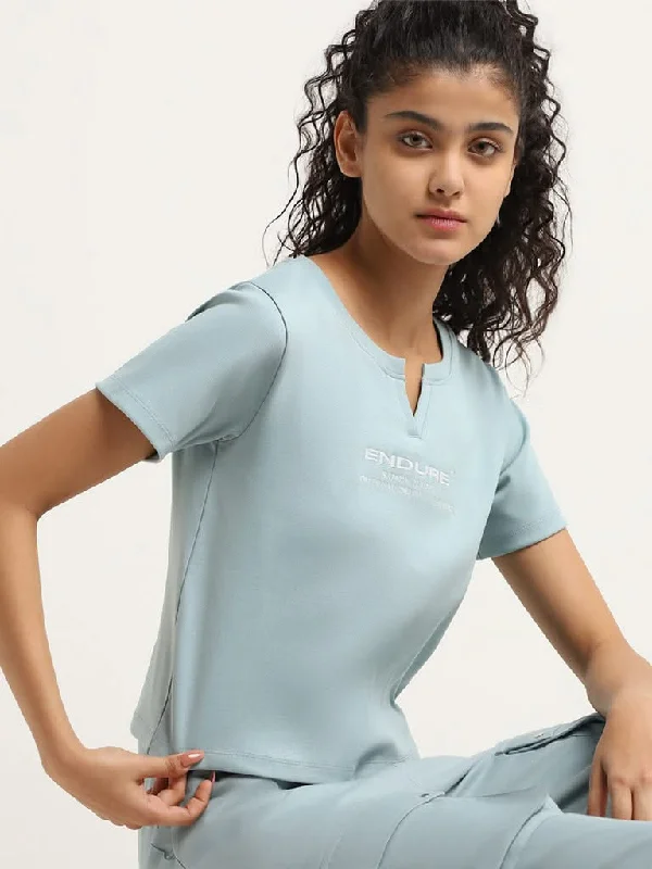 Studiofit Blue Printed Cotton Blend T-Shirt Casual Formal Business