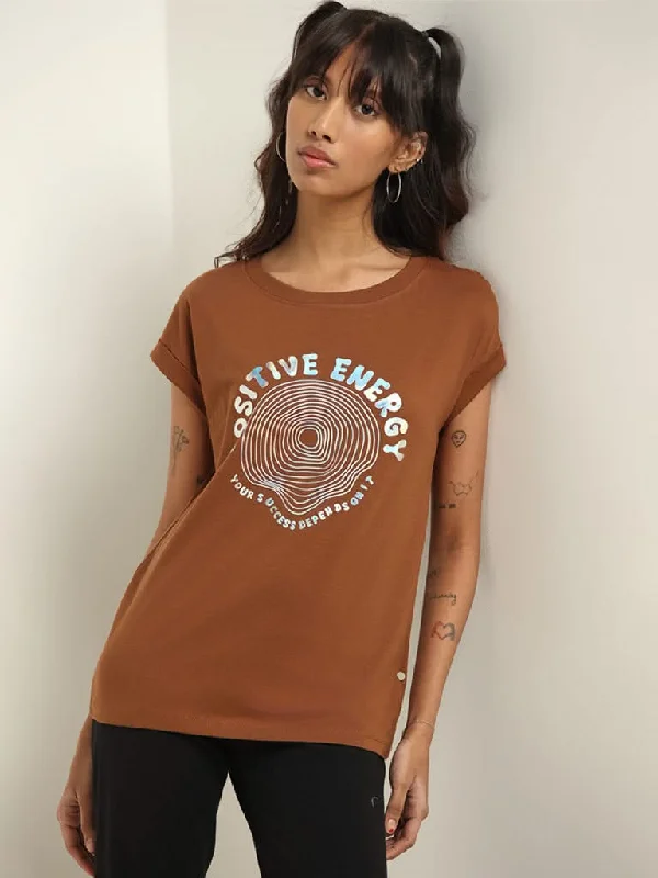 Studiofit Brown Printed Cotton T-Shirt Asymmetrical Pockets Print