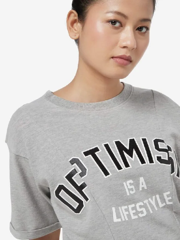 Studiofit Grey Text Patterned T-Shirt Notch Collar Peter Pan Collar Cowl Neck